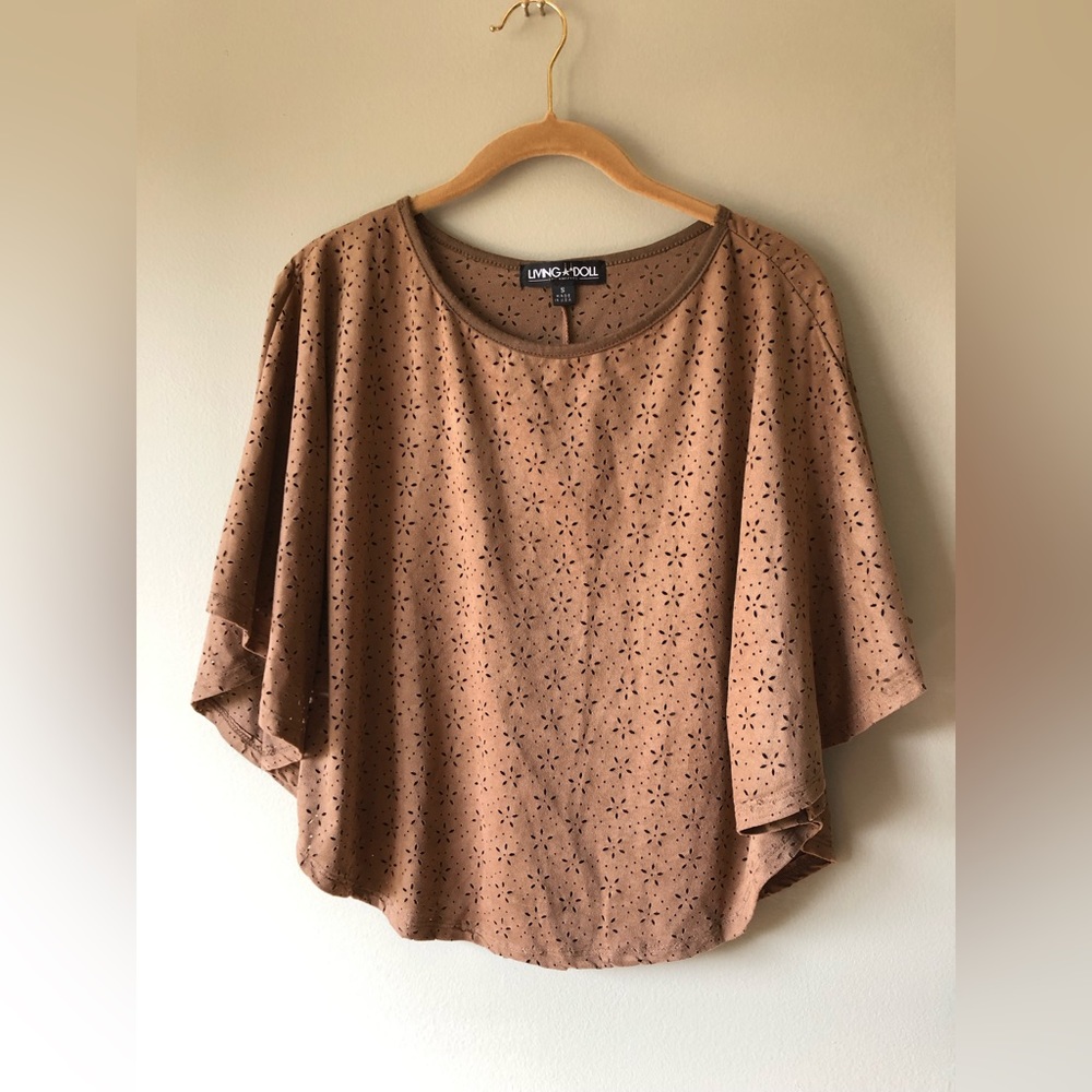 Living Doll | Brown Dolman Sleeve Top with Floral Pinhole Pattern